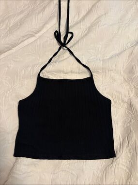 Black Halter Ribbed Crop Top (Unique Vintage, M)